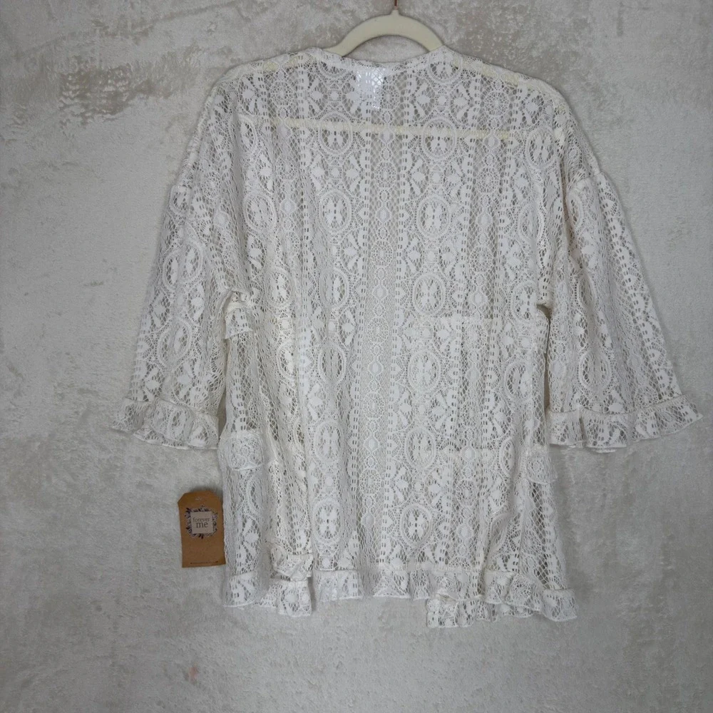 Forever Me White Crochet Lace Ruffle Cardigan Kimono Boho Cottagecore Size M NWT